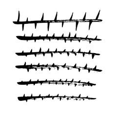 hand-drawn ink strokes resembling thorn branches, grunge textures isolated on white background, set of hand-drawn ink brushes, vector illustration