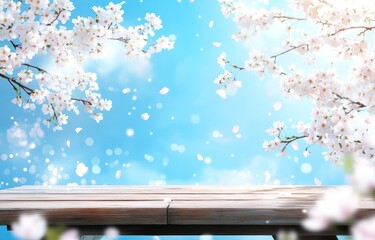 Wooden table with cherry blossoms