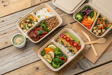 Flat Lay of Eco Friendly Takeaway Containers with Assorted Healthy Meals on Rustic Wood Table