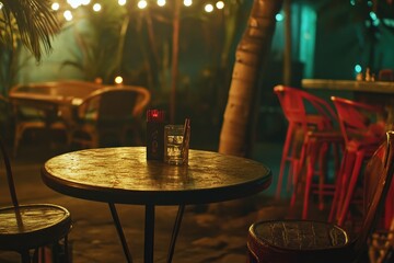 Outdoor patio at night, wooden tables, palm trees, string lights
