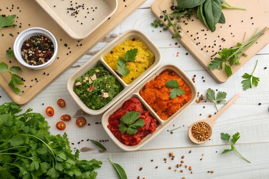 Flat Lay of Plant Based Food in Compostable Containers with Herbs and Spices Scattered Around