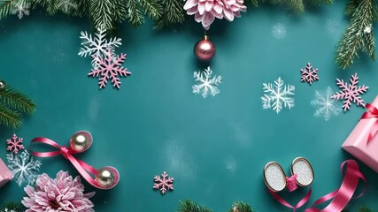Festive pink christmas decorations on teal background with pine branches and snowflakes - Powered by Adobe