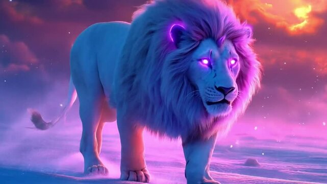 Majestic white lion walking snowy landscape, cosmic sunset. Fantasy art, game asset