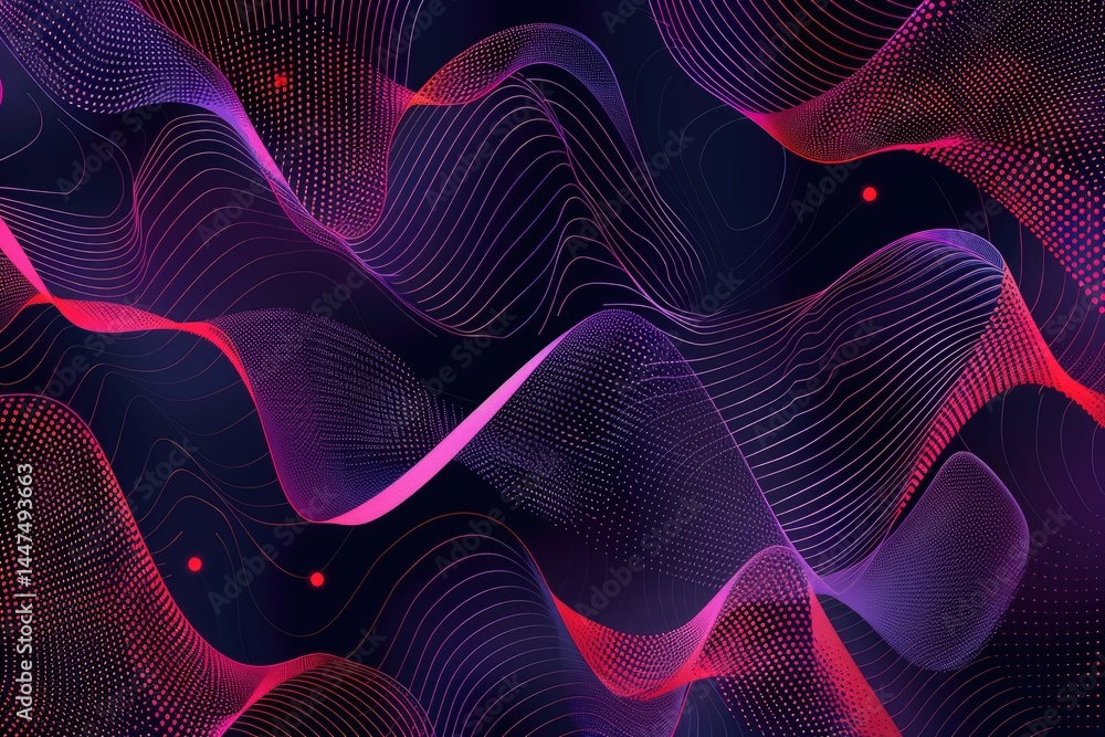 Poster purple and pink wavy lines with dots on a dark background. background of 3d rendering wave with vibr