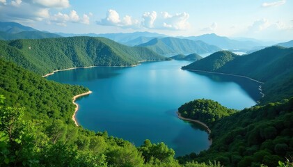 Irregular shaped lake with islands, winding shoreline , map, aerial, clouds