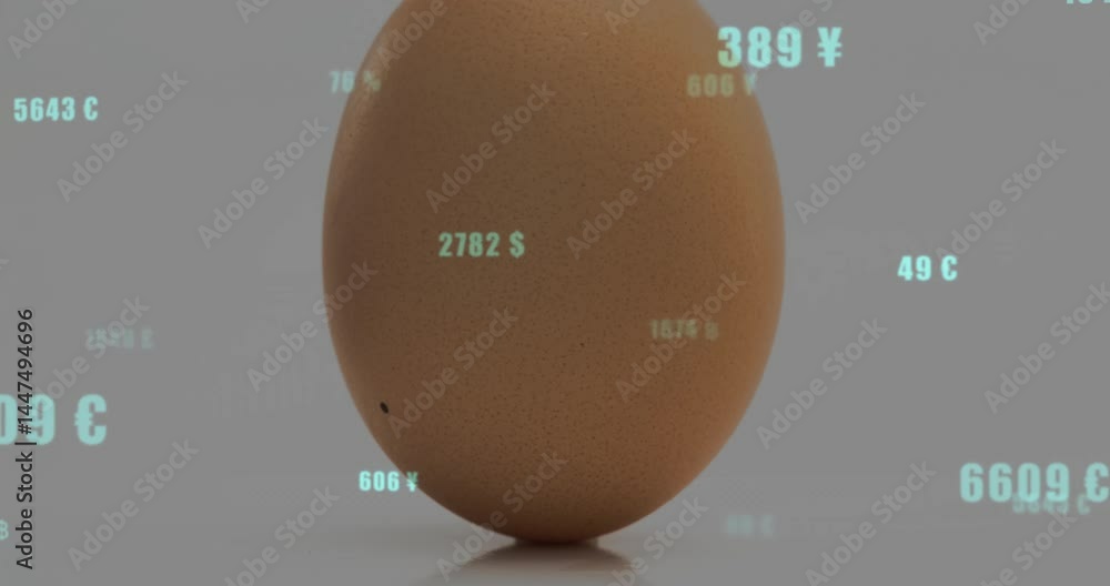 Poster brown egg standing upright receiving floating turquoise currency symbols and numbers in 3d render