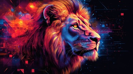 Magnificent lion head side view with colorful fur and glowing amber eyes, against abstract dark background, PNG image, PNG file.