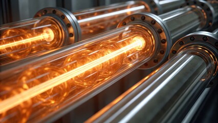 Naklejka premium Brightly lit tubes with glowing filaments, showcasing intricate details and modern design, likely used in a technological or industrial setting.