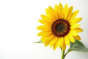 One bold yellow sunflower against stark white, contrast, isolated