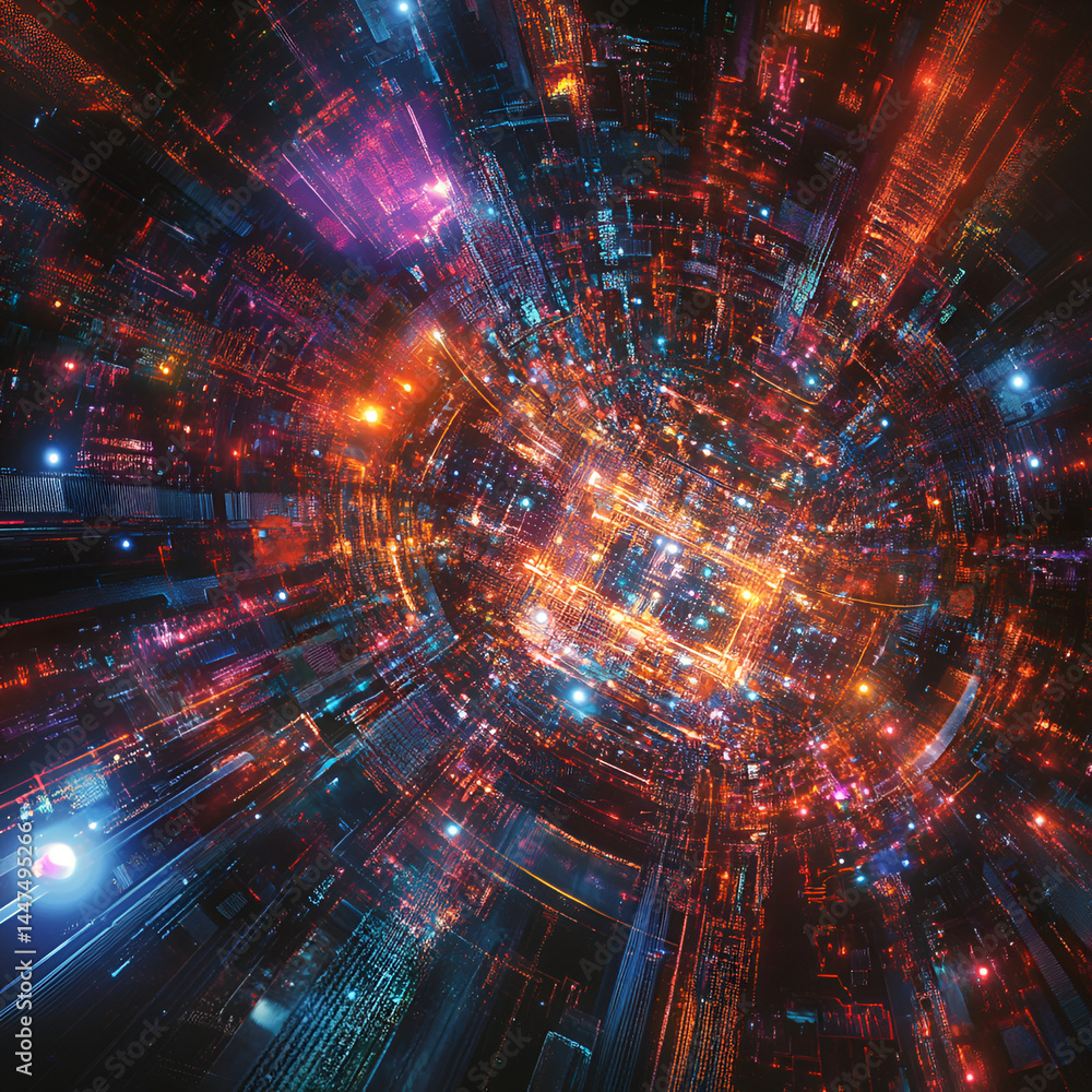 Poster exploring futuristic digital landscapes virtual reality abstract art tech environment aerial view in
