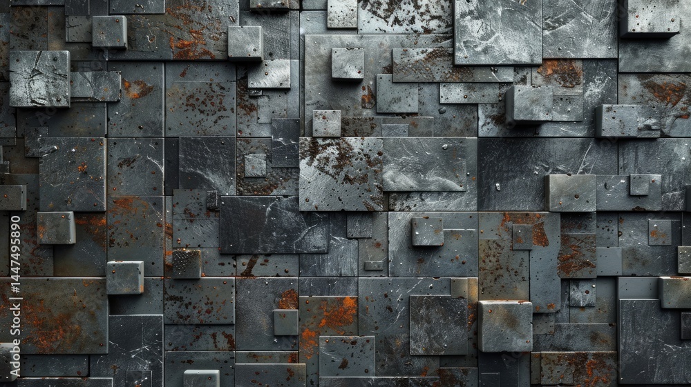 Poster abstract metallic geometric blocks in grey and gold. abstract artwork of 3d rendering art with geome
