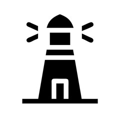 Black lighthouse silhouette shining light on white background  