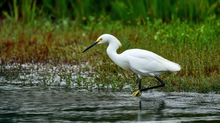 Naklejka premium Snowy Egret Stalking Prey in Wetland Habitat
