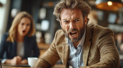Boss expressing frustration at employee in busy office environment during a heated discussion Generative AI