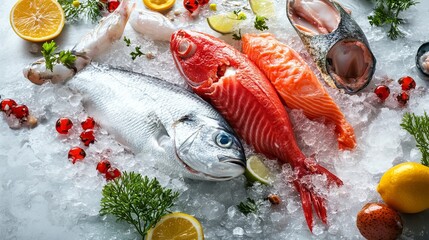 Fresh seafood market display with red snapper salmon and fish ice raw meal cold diet ocean lunch