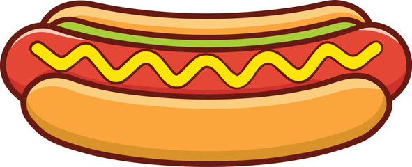 Cartoon hotdog illustration with mustard and relish on white background