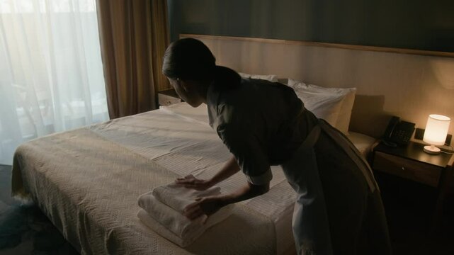 Female hotel housekeeper bringing fresh towels and making bed during cleaning service in guest room