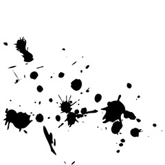 A set of black ink blots and splashes shows grunge vector splatter and splat shapes with a dirty texture