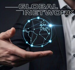 businessman holding the global network virtual screen