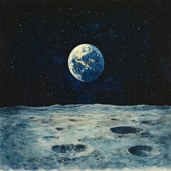 Earth Over Moon Surface with Starry Background in Dark Space