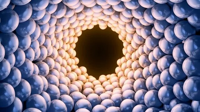 Tunnel of shiny spheres, warm glow inside, cool reflections outside