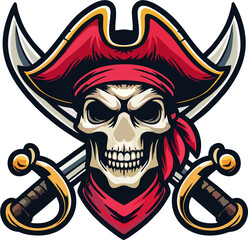 Aggressive Pirate Skull Vector with Red Tricorn Hat and Crossed Cutlasses – Vintage Mascot Illustration