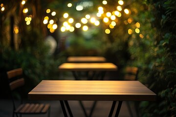 Outdoor cafe tables at night