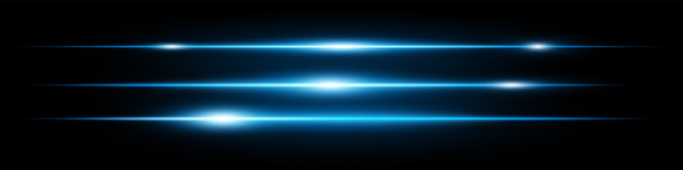 Set of glowing horizontal blue neon lens flares isolated on black background. Abstract futuristic light streaks for digital effects, banners, interfaces. EPS vector illustration.