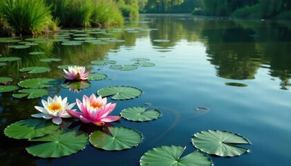 Water lilies and other aquatic plants form a floral pattern on a lake's surface , wildlife, environment, pink