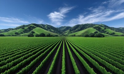 Expansive view of a vineyard with rows of grapevines stretching to the distant hills.
