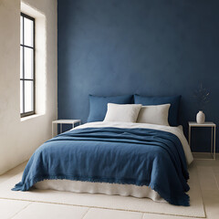Minimalist Bedroom with Slate Blue Textiles and Limestone Floor