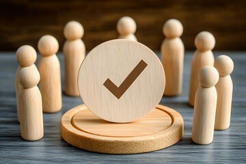 Wooden Peg Dolls Group Meeting Leadership Concept Teamwork Collaboration Wooden Figures on Round Base Fair Trial Justice Symbolic Image Business People Meeting law toys and a tik mark in the midle
