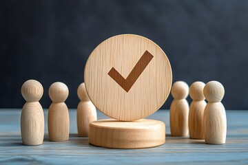 Wooden Peg Dolls Group Meeting Leadership Concept Teamwork Collaboration Wooden Figures on Round Base Fair Trial Justice Symbolic Image Business People Meeting law toys and a tik mark in the midle