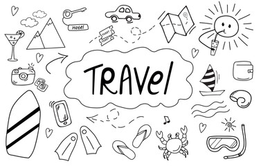 Cute summer traveling icons doodle set. Hand drawn elements. Summertime, traveling concept.