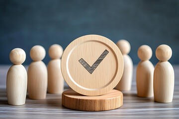 Wooden Peg Dolls Group Meeting Leadership Concept Teamwork Collaboration Wooden Figures on Round Base Fair Trial Justice Symbolic Image Business People Meeting law toys and a tik mark in the midle