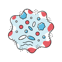 Abstract illustration of a cell or microorganism with various shapes and colors
