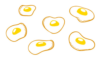Frying egg doodle set — hand-drawn line icons of eggs in pan and fried eggs. Breakfast-themed vector illustration. Isolated on white, perfect for food design and menus.