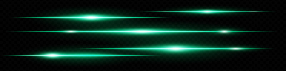 Collection of horizontal green neon lens flares isolated on black transparent background. Futuristic abstract light beams, perfect for digital effects, UI, banners. EPS vector illustration.
