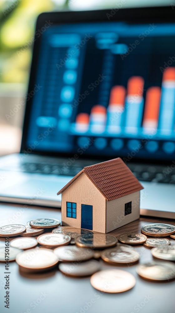 Poster miniature house standing on coins with a laptop displaying a growing graph in the background, repres