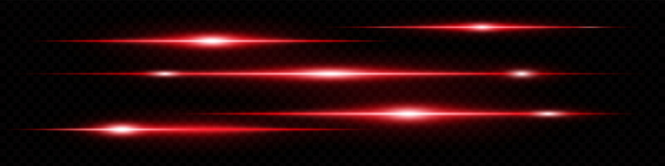 Set of horizontal red neon lens flares isolated on transparent dark background. Abstract futuristic glowing light beams, ideal for UI design, banners, special effects. EPS vector illustration.