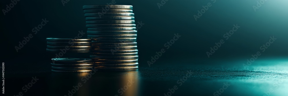 Poster Stacks of coins arranged to resemble a rising graph on a dark reflective surface, creating a powerful visual representation of financial growth, investment, and economic progress