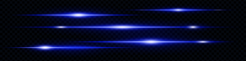 Set of horizontal blue neon lens flares isolated on transparent dark background. Abstract futuristic glowing light beams, ideal for UI design, banners, special effects. EPS vector illustration.
