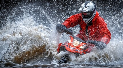 Motocross Rider Conquers Water Obstacle, Off-Road Motorcycle Adventure in Challenging Terrain