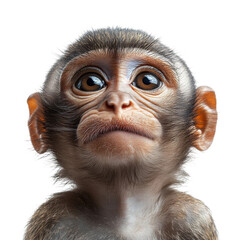 Curious baby monkey jungle habitat animal portrait close-up playful. Isolated on transparent background, png.