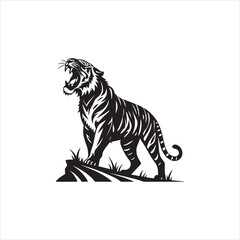 Roaring Tiger Silhouette on White Background