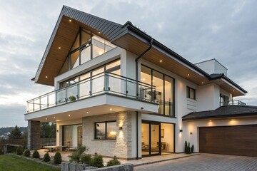Contemporary two story house with angular roof and balcony