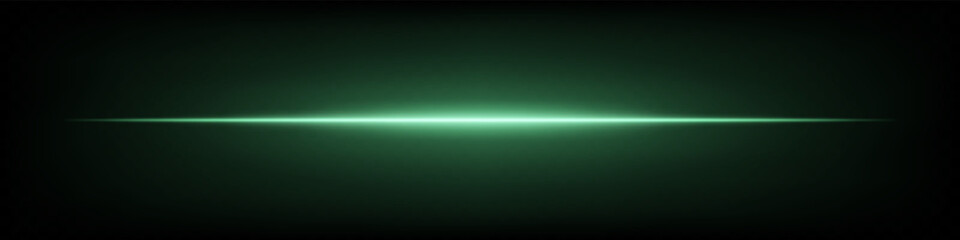 Green horizontal neon lens flare glowing brightly on dark background. Minimalist futuristic abstract beam, perfect for UI design, sci-fi effects, digital projects. EPS vector illustration.