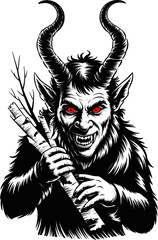 Vintage Krampus Vector Illustration – Black, White & Red Horned Christmas Demon, Birch Branches, Curled Horns, Creepy Folklore Design, Transparent Background, Letterpress Style