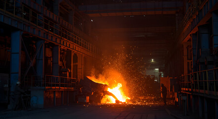 Interior View of Steel Plant with Molten Metal Sparks in Dark Blue Tones