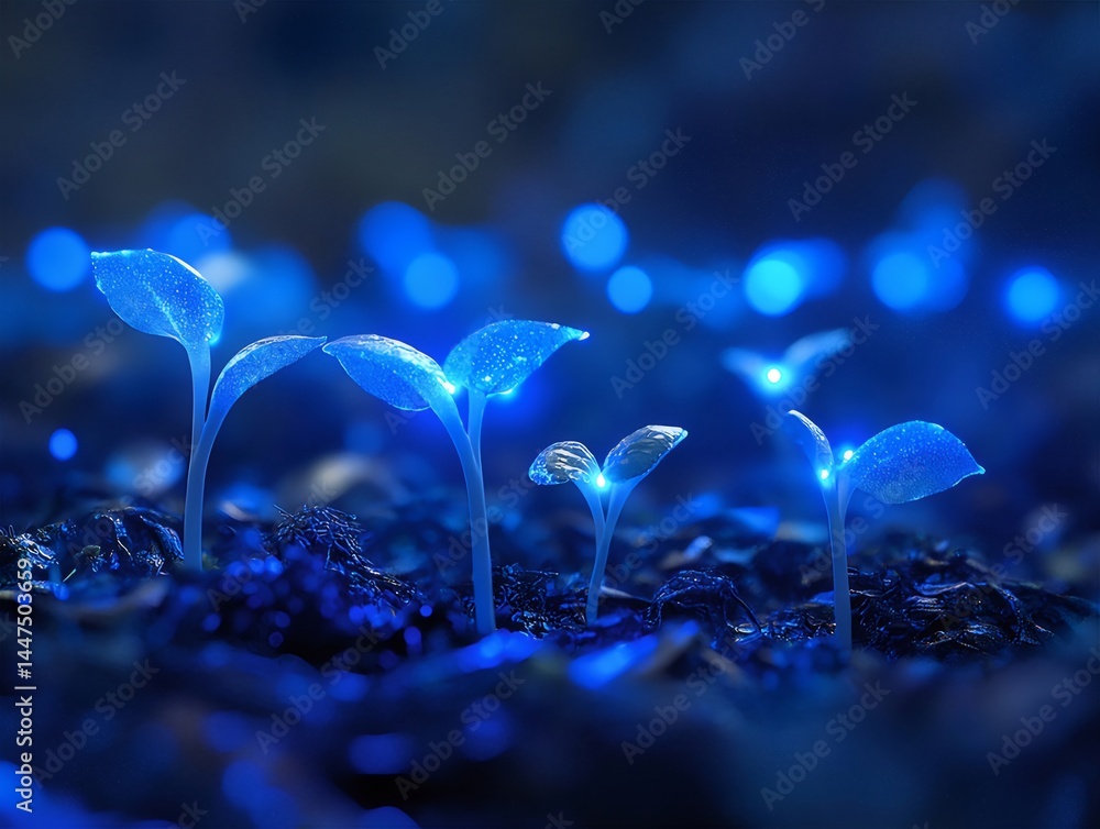 Aufkleber 青い光を放つ神秘的な植物のクローズアップ 暗い背景に輝く芽 幻想的な自然と宇宙のイメージ